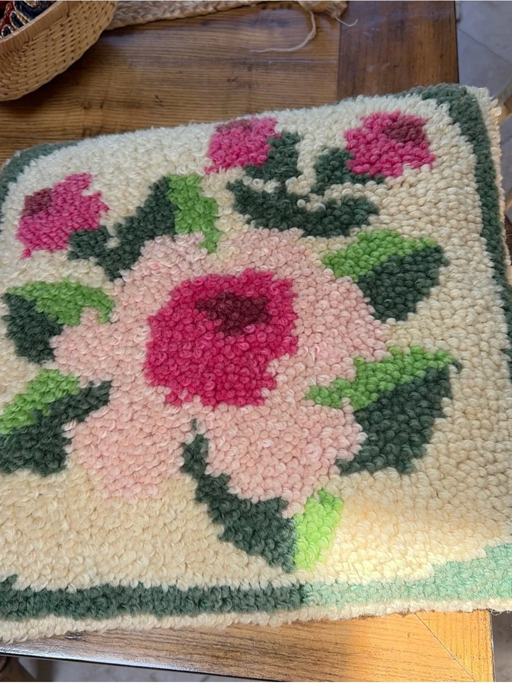 Retro MCM vintage latch hook rug flowers floral throw pillow puff velvet back